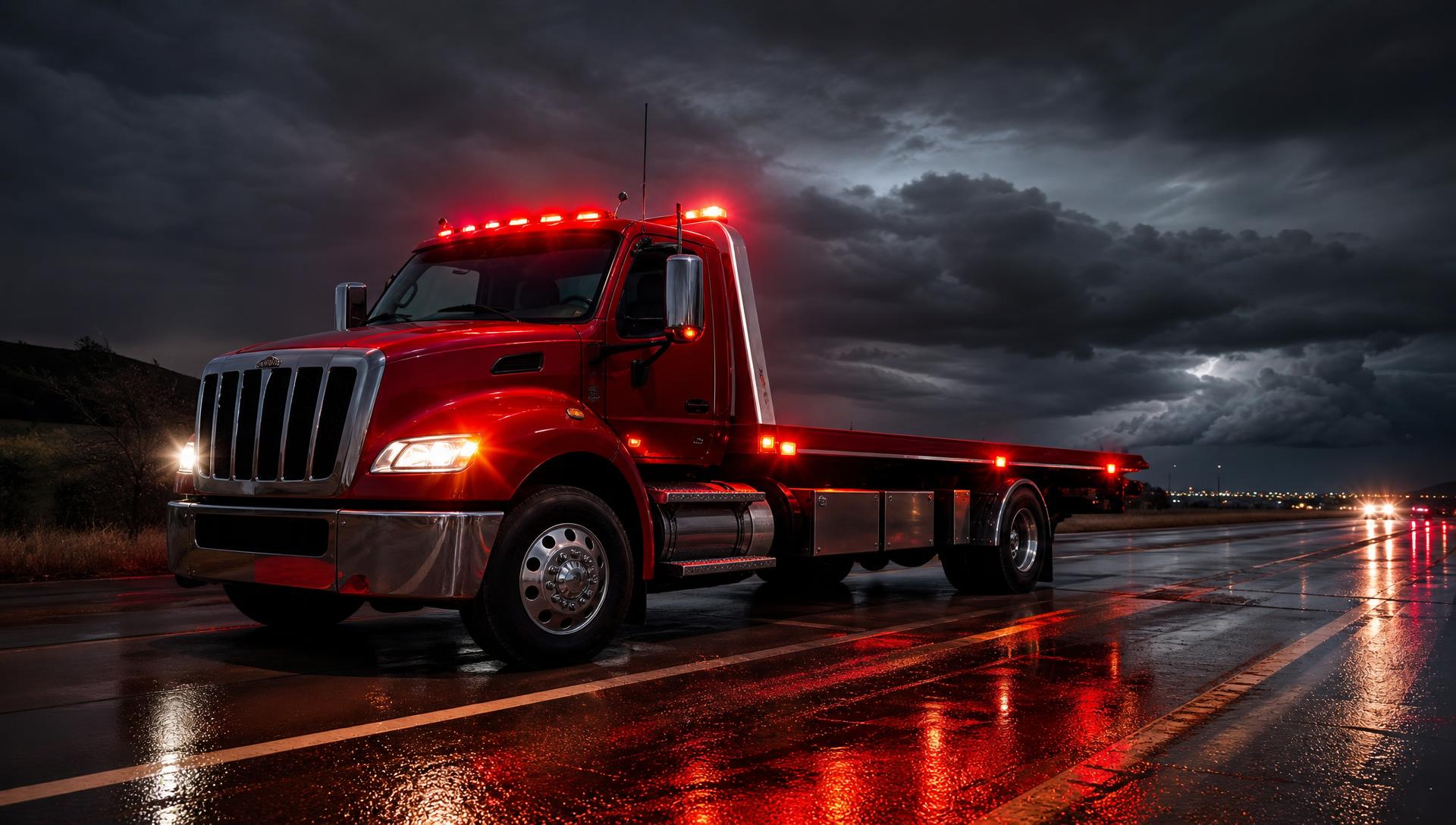 Red flatbed tow truck responding on a wet highway at night